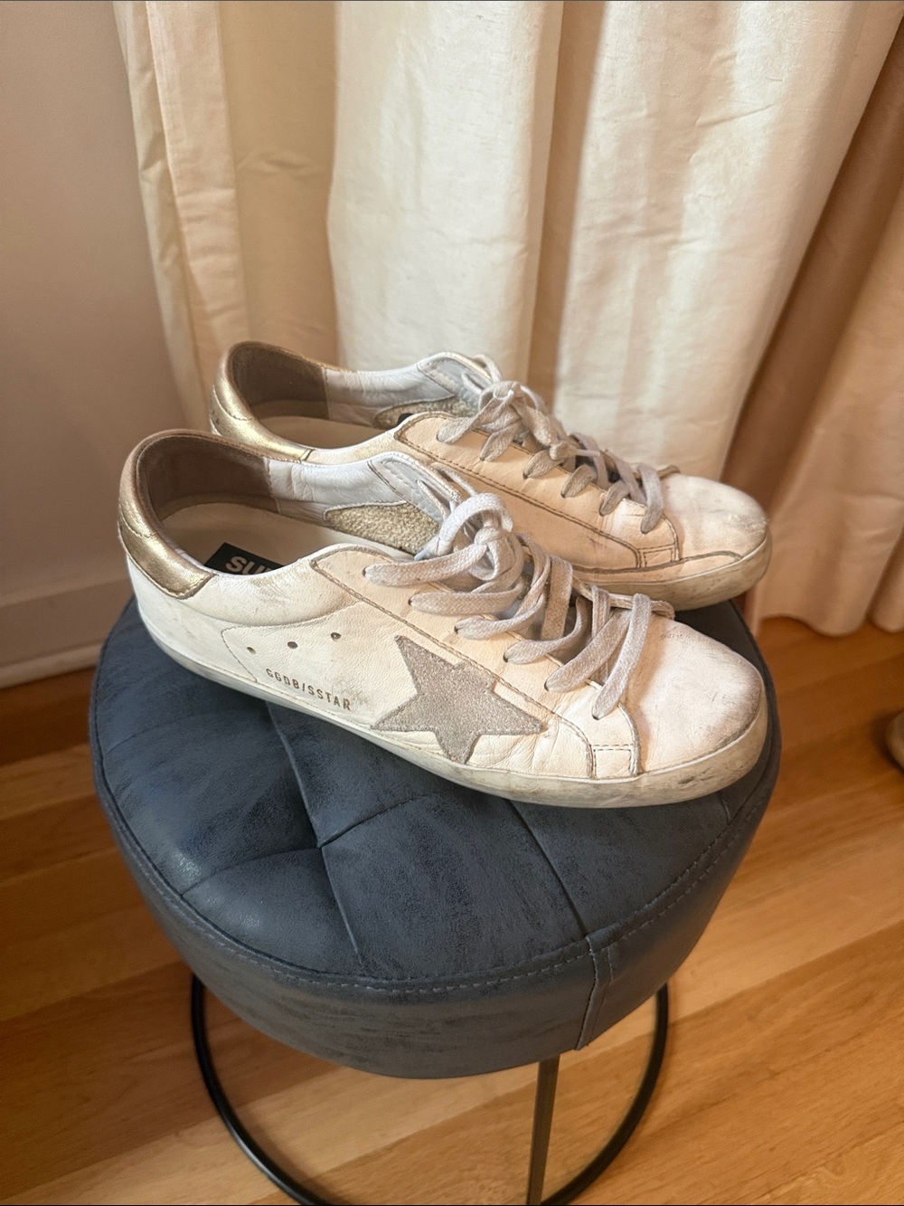 Golden Goose White Sneakers with Gold Heel and Gray Star